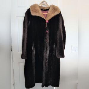 Vintage Dark Brown Ranch Mink Coat With Fox Collar XL Women's